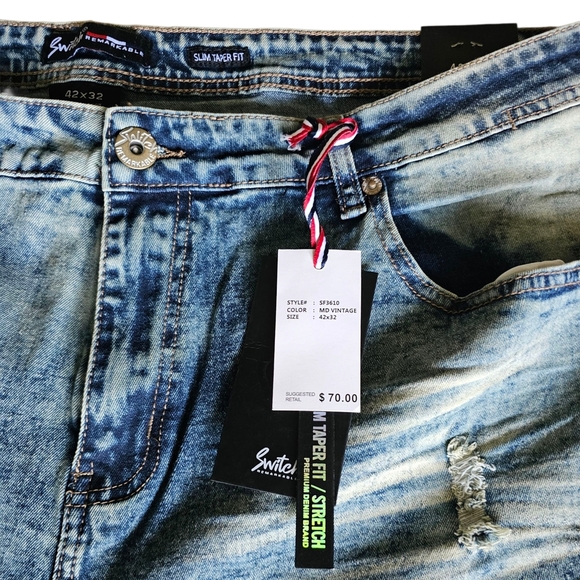 Men's Blue Slim Taper Fit Distressed Jeans with Fading - Picture 6 of 11